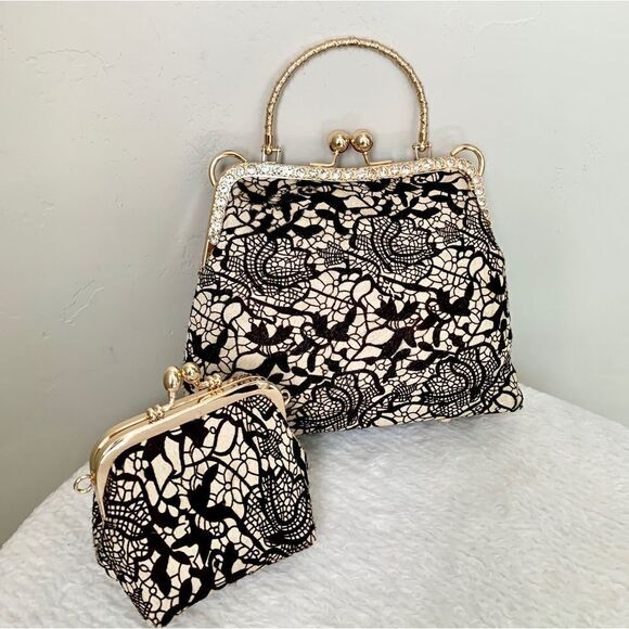 Handmade Real Hair-on-horsehide Black Lace Print Kisslock Bag & Small Purse Set - Picture 1 of 16